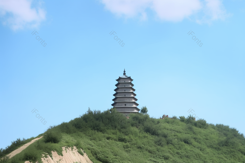 天空下高山树林上的高塔背景,高清,摄影图,摄影图片,图片大全,摄影图免费下载
